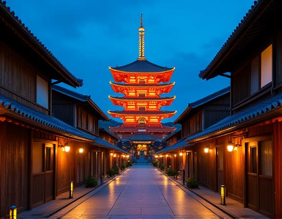 ライトアップされた八坂の塔と古い町並み