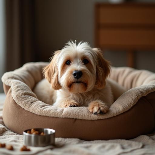 Hund i luksus hundekurv på hotelværelse